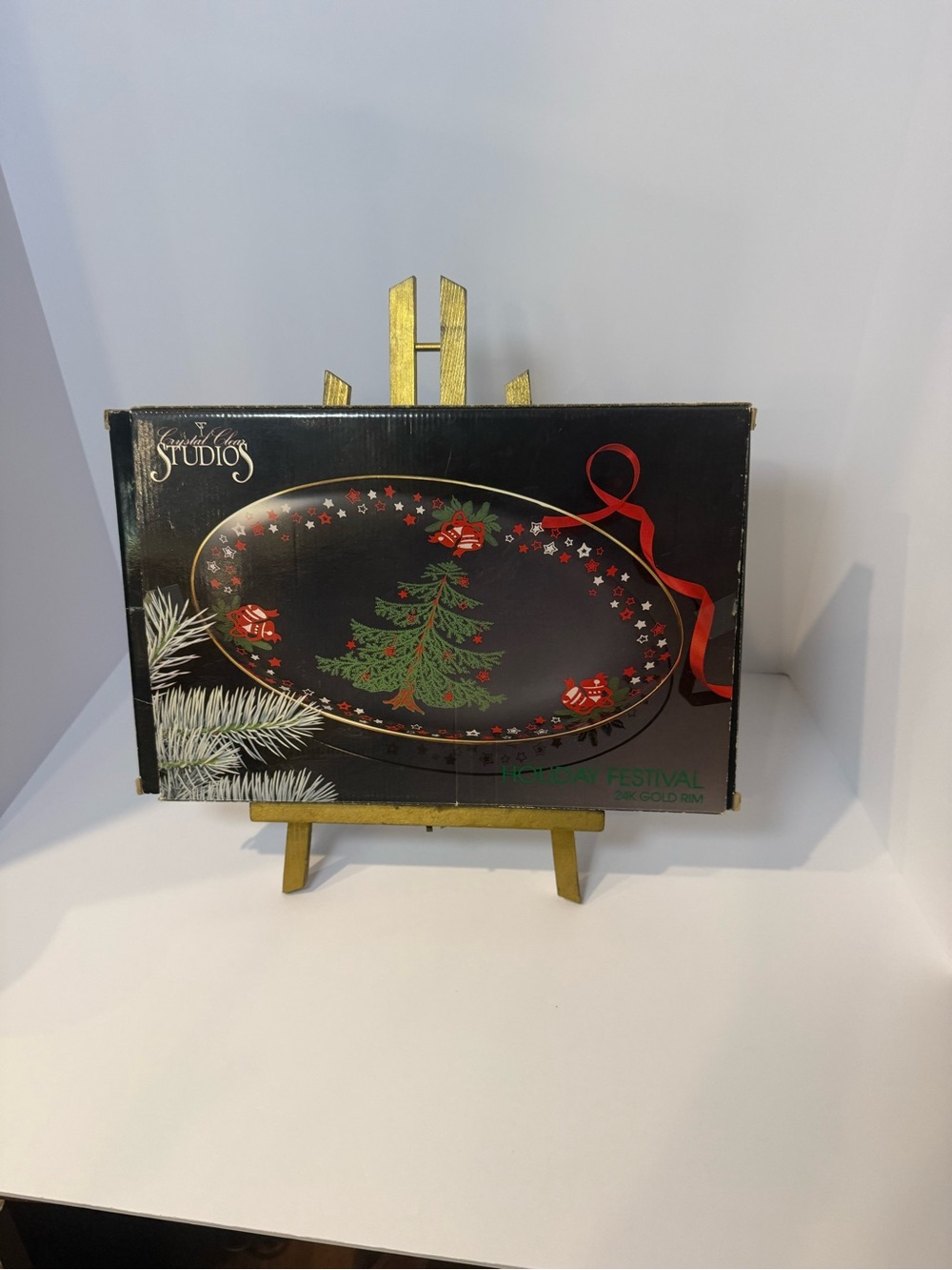 Studio Holiday Decorative Platter in Black with Green Tree and Red Accents